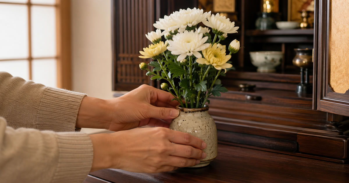 仏壇の前で、誰かの手がそっと花瓶に菊の花を活け直している写真