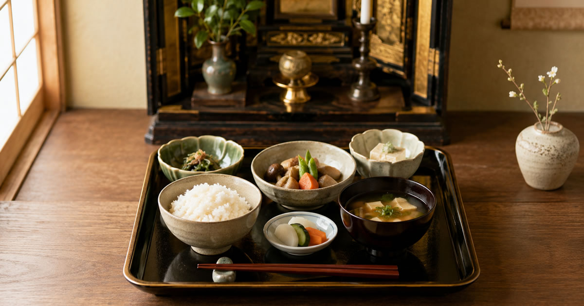仏壇前に置かれた漆塗りのお盆に、ご飯・味噌汁・煮物などの精進料理（霊供膳）が並ぶ写真
