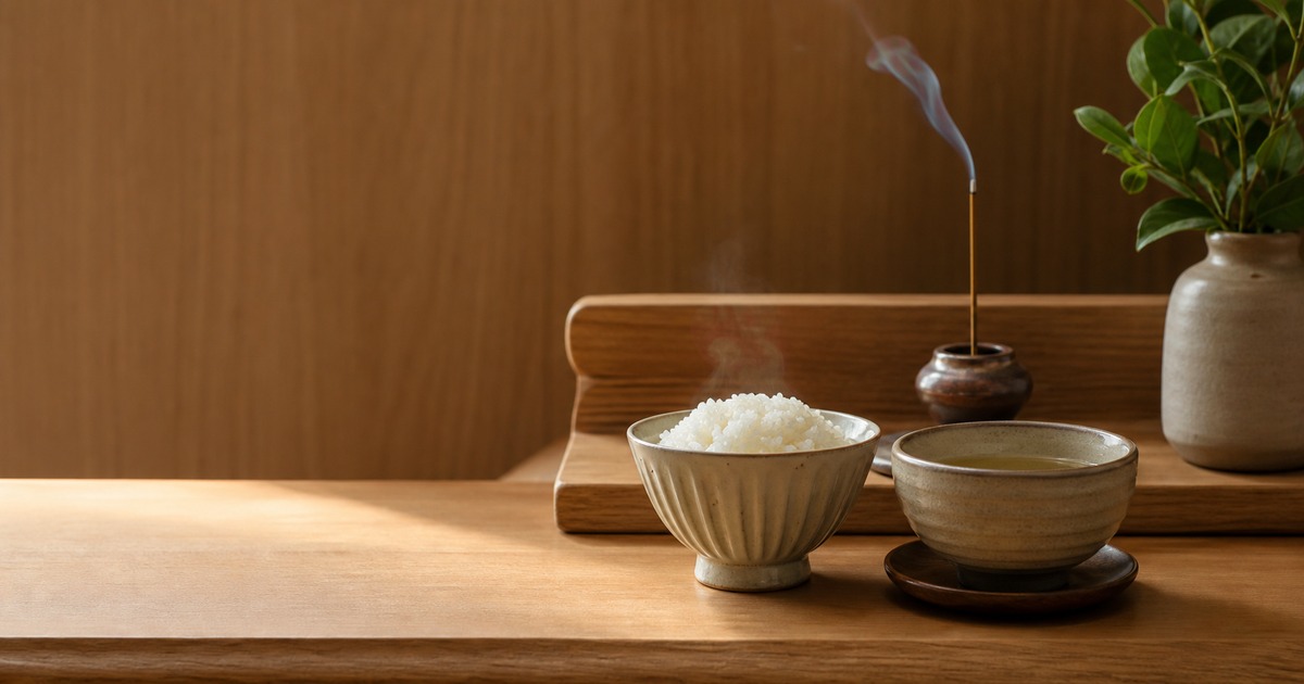 湯気がおさまりかけたご飯とお茶のお供えが仏壇に置かれ、線香の煙がそばに漂う写真