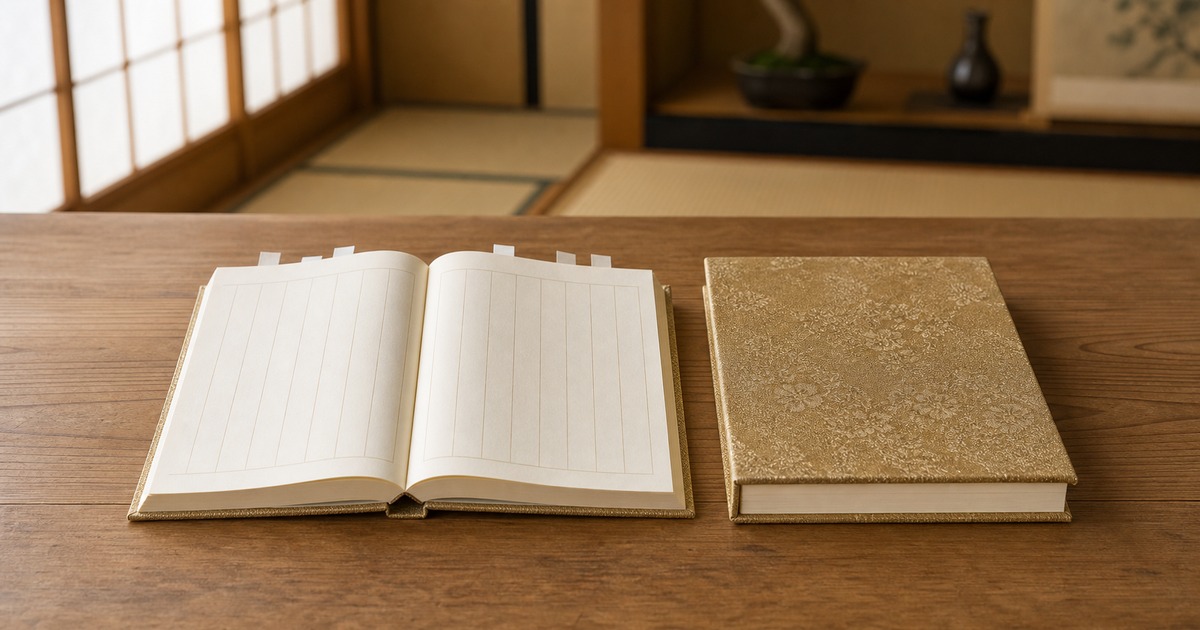 机の上に並べた2冊の過去帳で、1冊は白紙のページを開き、もう1冊は閉じている写真