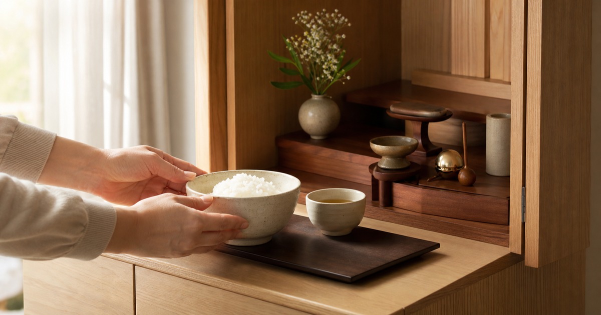朝の光が差し込む中、簡素なご飯とお茶が供えられた小さな仏壇を写した写真