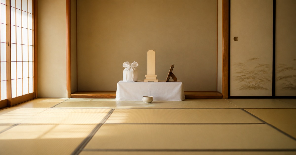 障子越しの朝日が畳を照らし、その光の先に白い布をかけた祭壇が静かに置かれている和室の写真