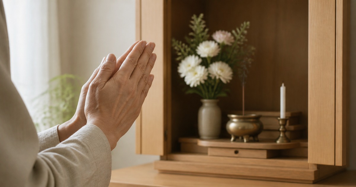 季節の花が供えられた家庭用の仏壇の前で、そっと合わせた両手だけが写っている写真