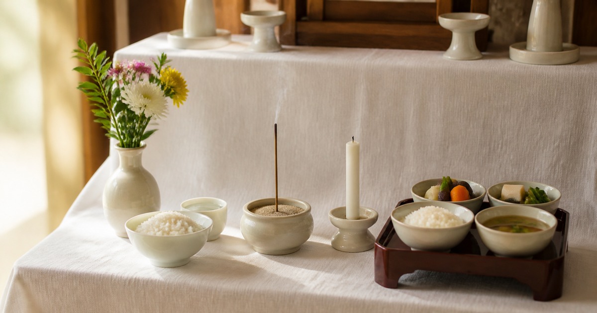 祭壇の下の段に、ご飯と水を入れた小さな器、季節の花、細い煙が立つ線香、精進の膳が控えめに供えられている写真