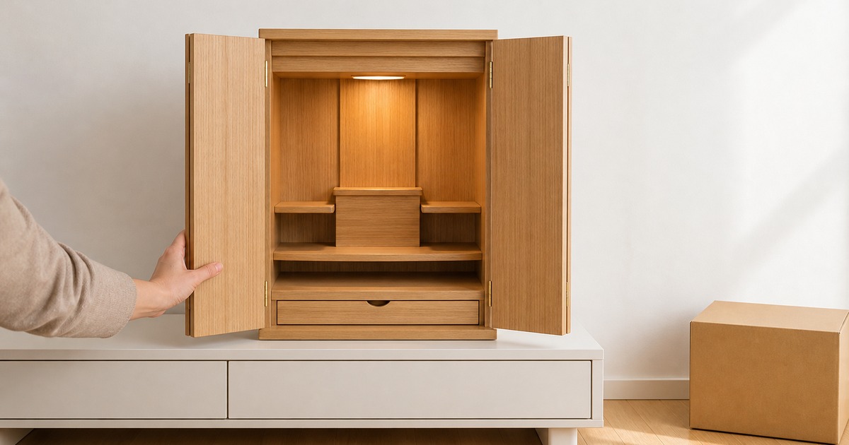 賃貸の明るい部屋で、低いサイドボードの天板に置いた小さなモダン仏壇に片手を添えている手元と、床に置かれた段ボール箱が写っている写真