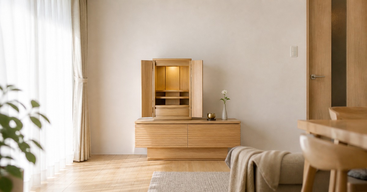 賃貸マンションの洋室で、白い壁ぎわに置かれた低い木製チェストの上に、扉を開いた上置き型のモダン仏壇が置かれ、朝の光が差し込んでいる写真