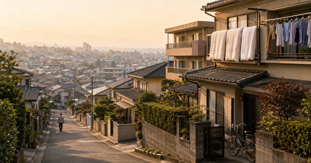 朝の光に包まれた坂道の住宅街で、瓦屋根の家と集合住宅が並び、ベランダに布団が干されている写真