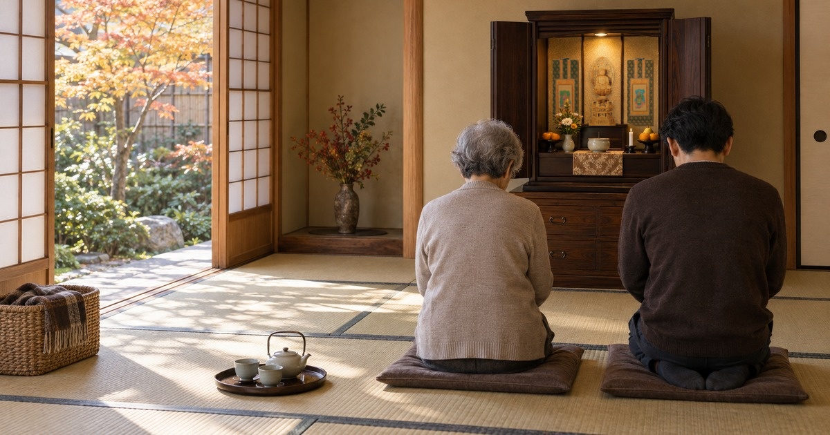 秋の朝、打敷と三具足で整えた上置き仏壇の前に、年配の女性と男性が並んで座り、頭を下げている後ろ姿の写真