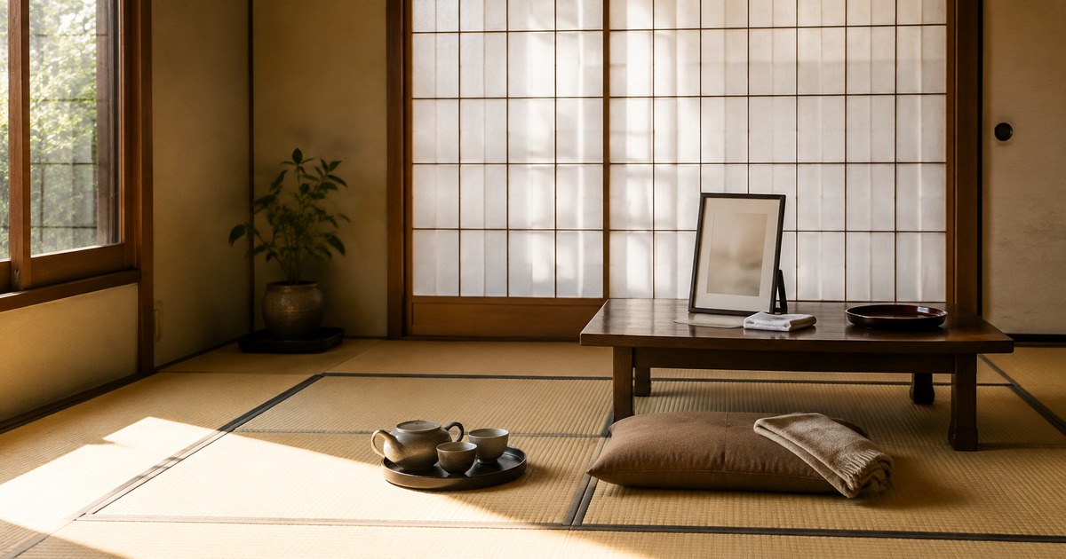 畳の部屋の低い座卓に、たたんだ白い布と空の小さな盆とともに、額に入った遺影が一枚だけ立てられている写真