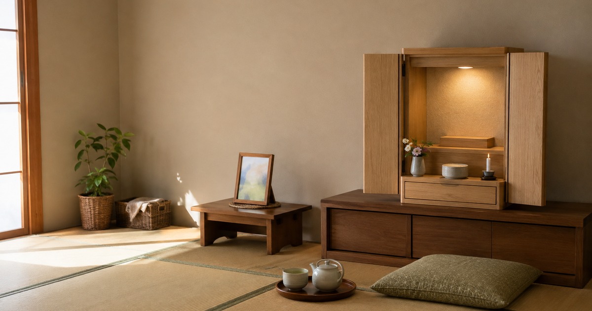 畳の部屋で、低い台に置かれた仏壇の左脇にある小さな台の上に、額に入った遺影が一枚立てられている写真