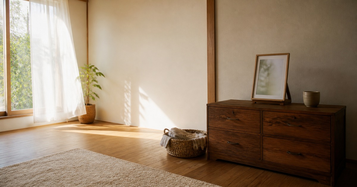 部屋の左の窓から入った明るい光が床と奥の壁に落ち、その光を避けた日陰側のチェストの上に額入りの遺影が置かれている写真