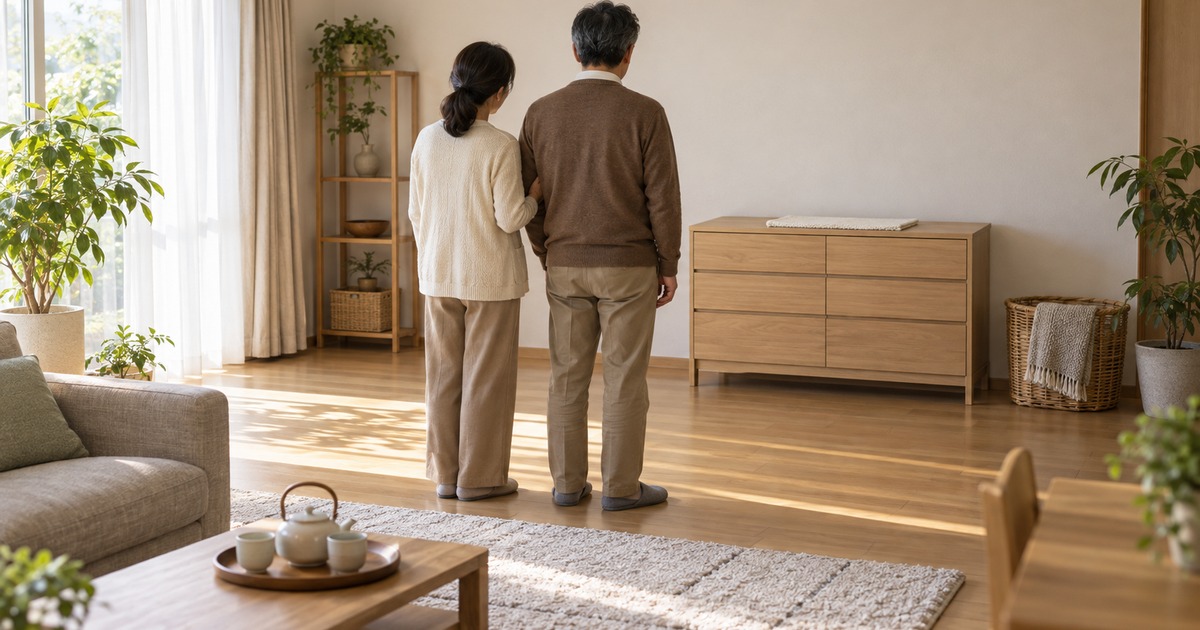 リビングで上を片付けた低い棚の前に夫婦が並んで立ち、そこを見つめている後ろ姿の写真