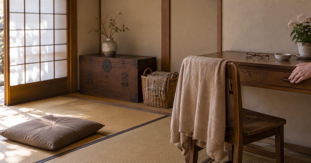 亡くなった親が使っていた木の机の閉じた引き出しに、家族が開けずに手を添えている写真