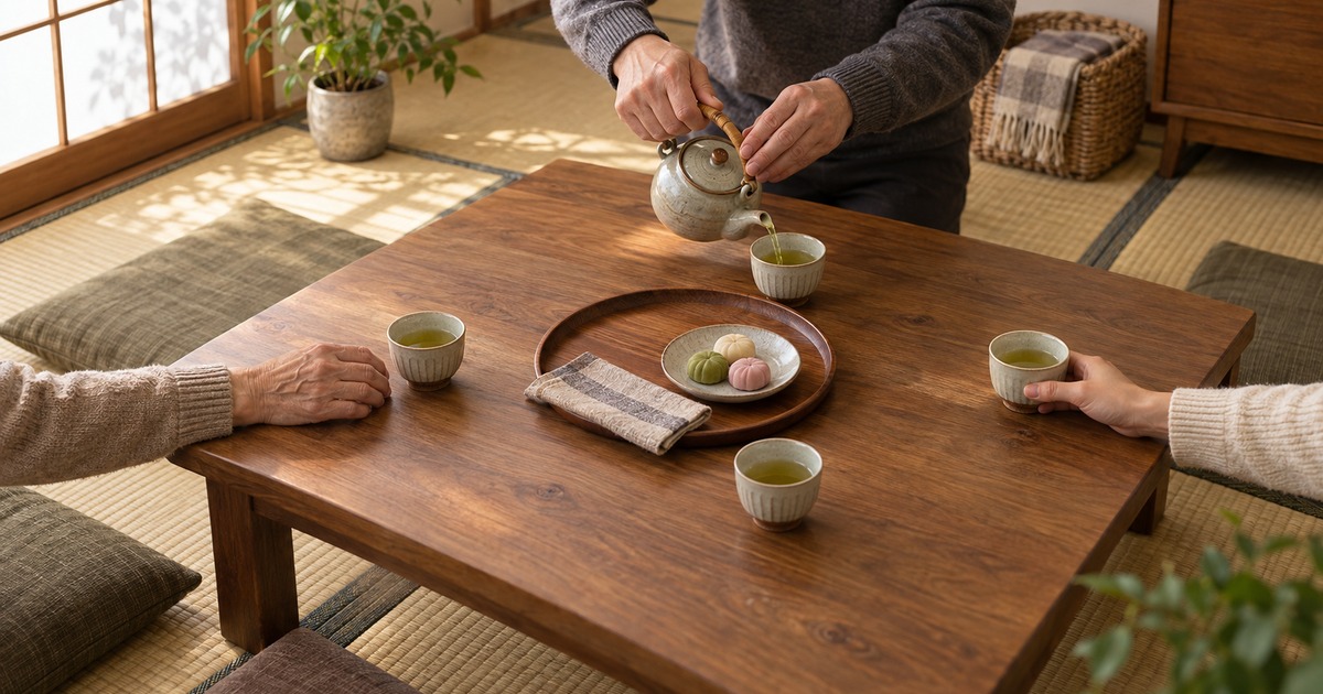 座卓を囲む家族の手元で、急須から湯呑にお茶を注ぎながら話し合っている様子の写真