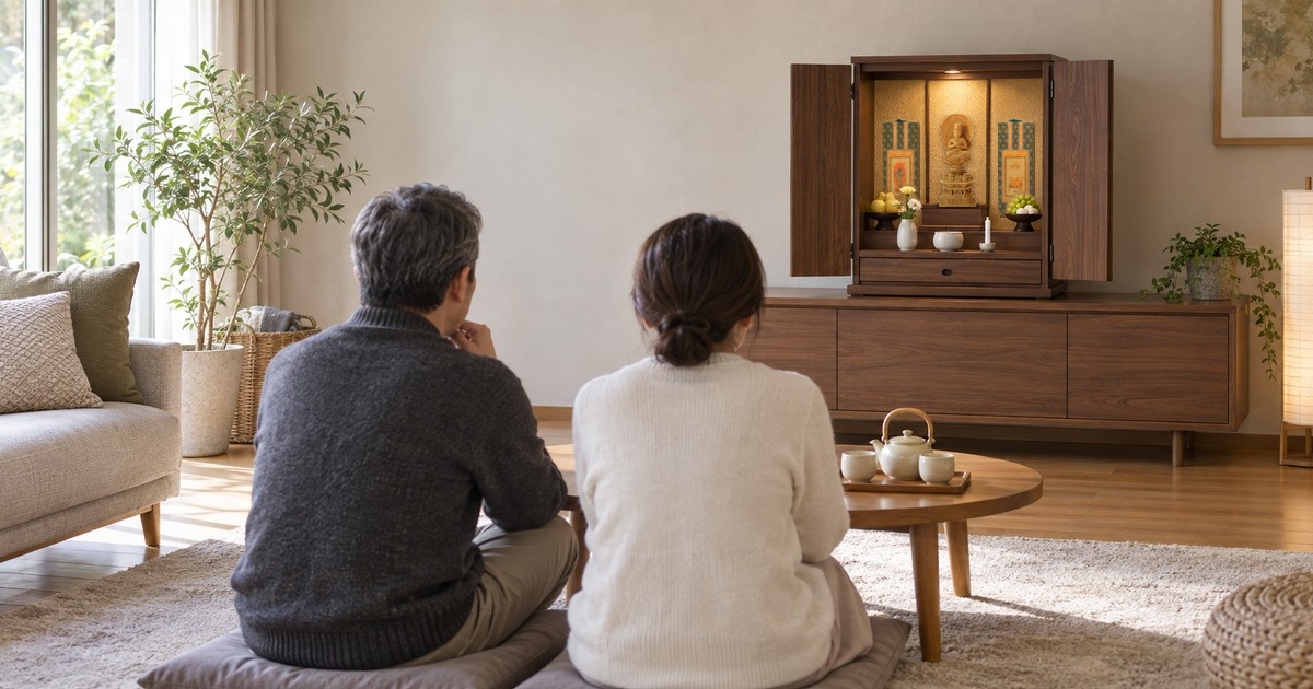 明るいリビングの低い棚の上に、扉を開いて本尊を祀った小さな仏壇が置かれ、手前の座卓で兄と妹が仏壇のほうを向いて座っている後ろ姿の写真