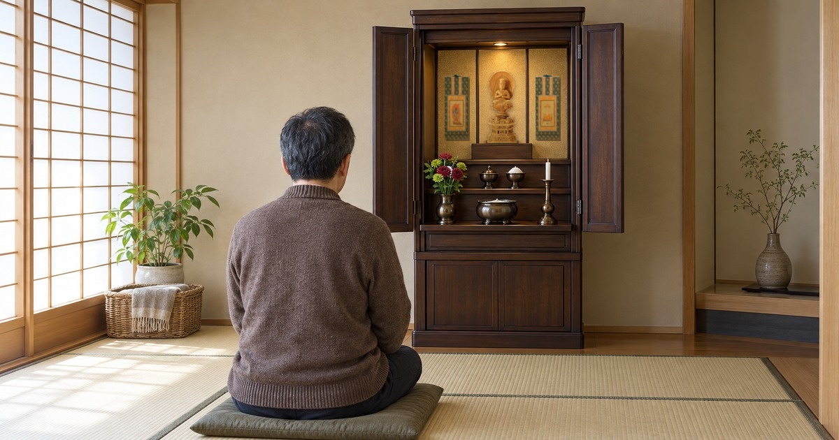 畳の部屋で、扉を開いてご本尊と掛軸をお祀りした床置きの唐木仏壇の前に、男性が座って仏壇を見ている後ろ姿の写真