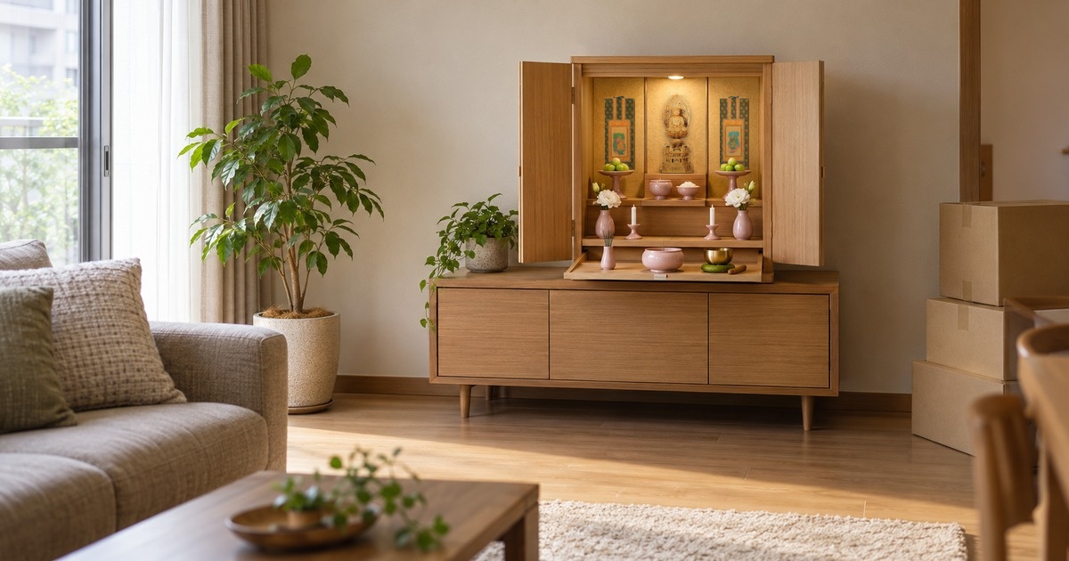 引っ越したばかりの部屋で、まだ開けていない段ボール箱のそばの低い棚に、ご本尊と掛軸をお祀りした小ぶりの上置き仏壇が置かれている写真