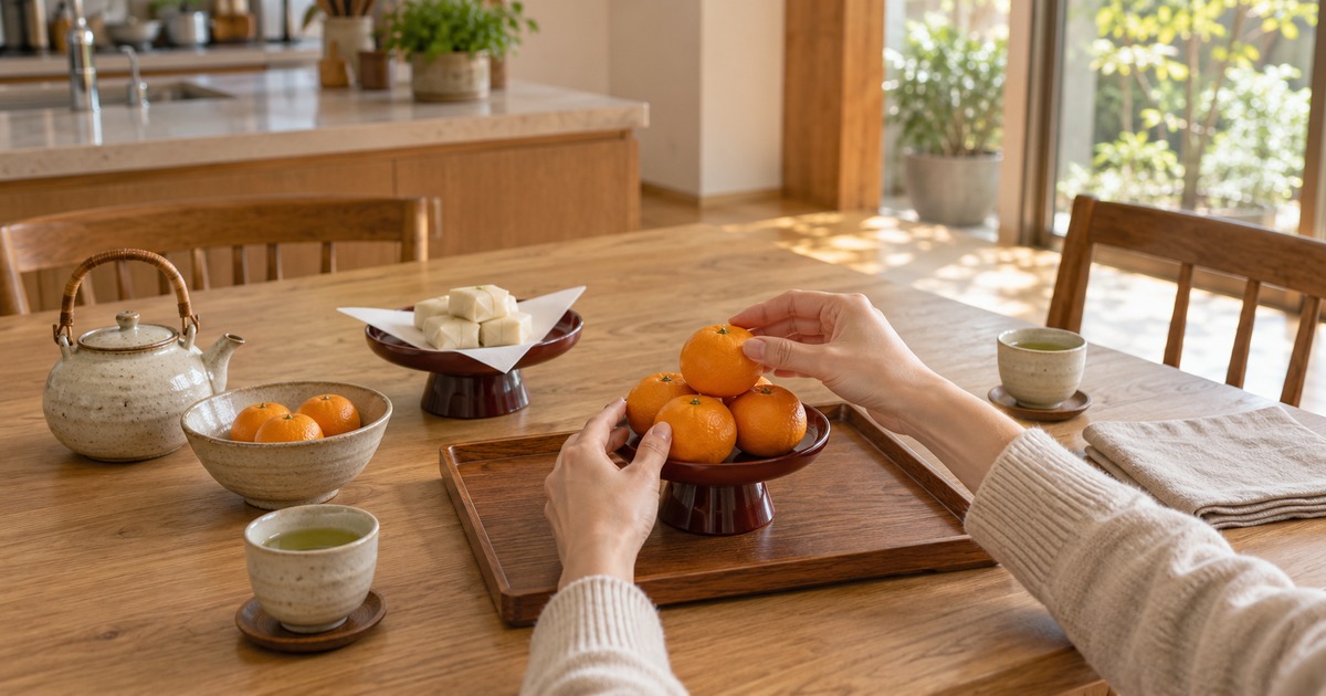 食卓のお盆の上で、脚付きの高月にみかんを山型に盛っている手元と、その奥で三角に折った白い懐紙の上に個包装のお菓子を並べた高月の写真