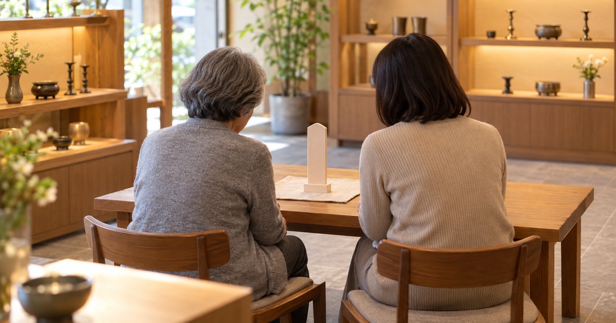 仏具店の相談用のテーブルに並んで座る母と娘の後ろ姿と、2人の前のテーブルに敷いた布の上に立てて置かれた白木位牌の写真