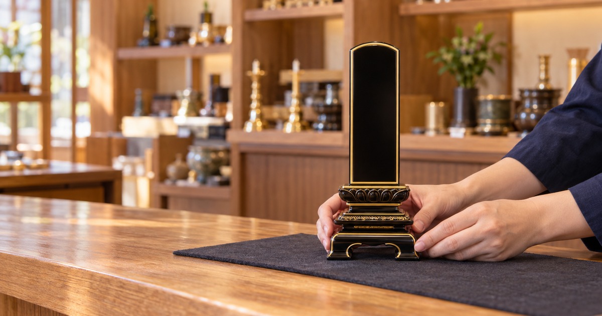 仏具店のカウンターで、店の人が黒塗りの位牌の台座に両手を添えて、正面向きにして見せている写真