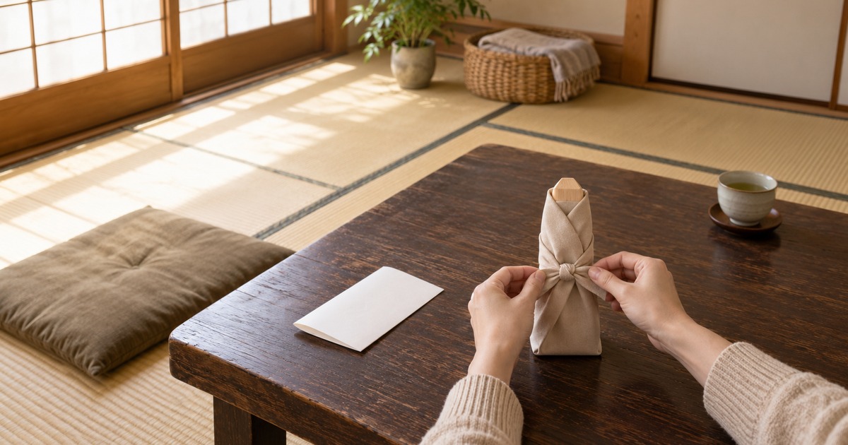 座卓の上で白木位牌を無地の風呂敷で包み、結び目を結んでいる手元と、そばに置かれた二つ折りの白い紙の写真
