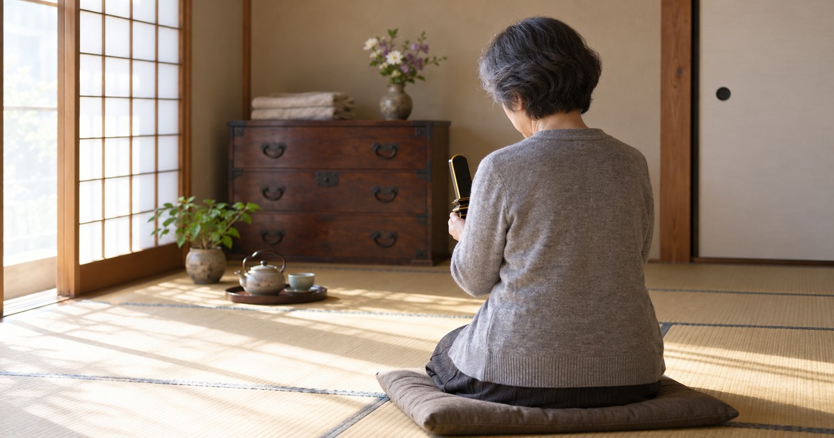 和室で座布団に正座した年配の女性が、黒塗りの位牌を手に取って見つめているところを、肩越しに後ろから写した写真