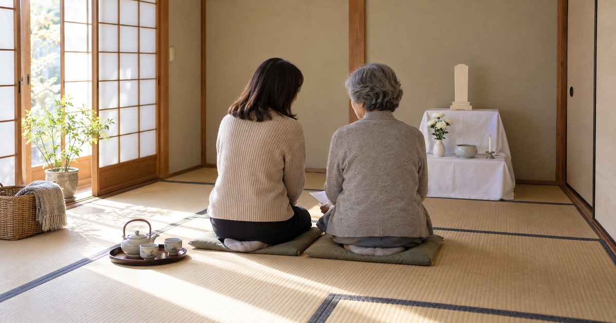 和室で座布団に並んで座り話す母と娘の後ろ姿と、奥の白い布を掛けた後飾りの台に置かれた白木位牌・花・香炉・ろうそくの写真
