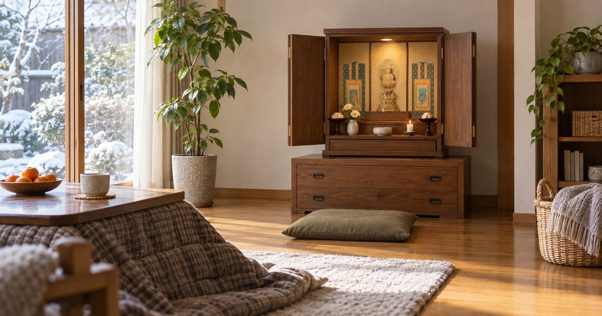 冬の朝の部屋で、扉を左右いっぱいに開いて本尊と掛軸を祀った仏壇にろうそくと線香が灯され、前に座布団が置かれている写真