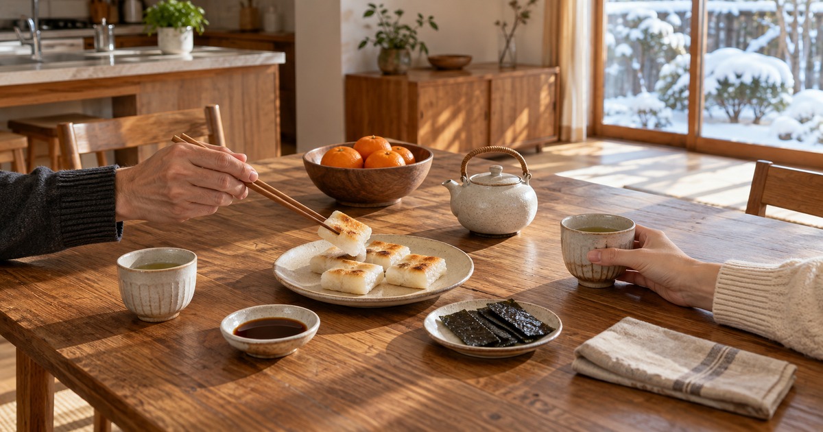 食卓で家族が焼いたお餅を箸で取り、もう一人がお茶の湯呑を手にしている手元の写真