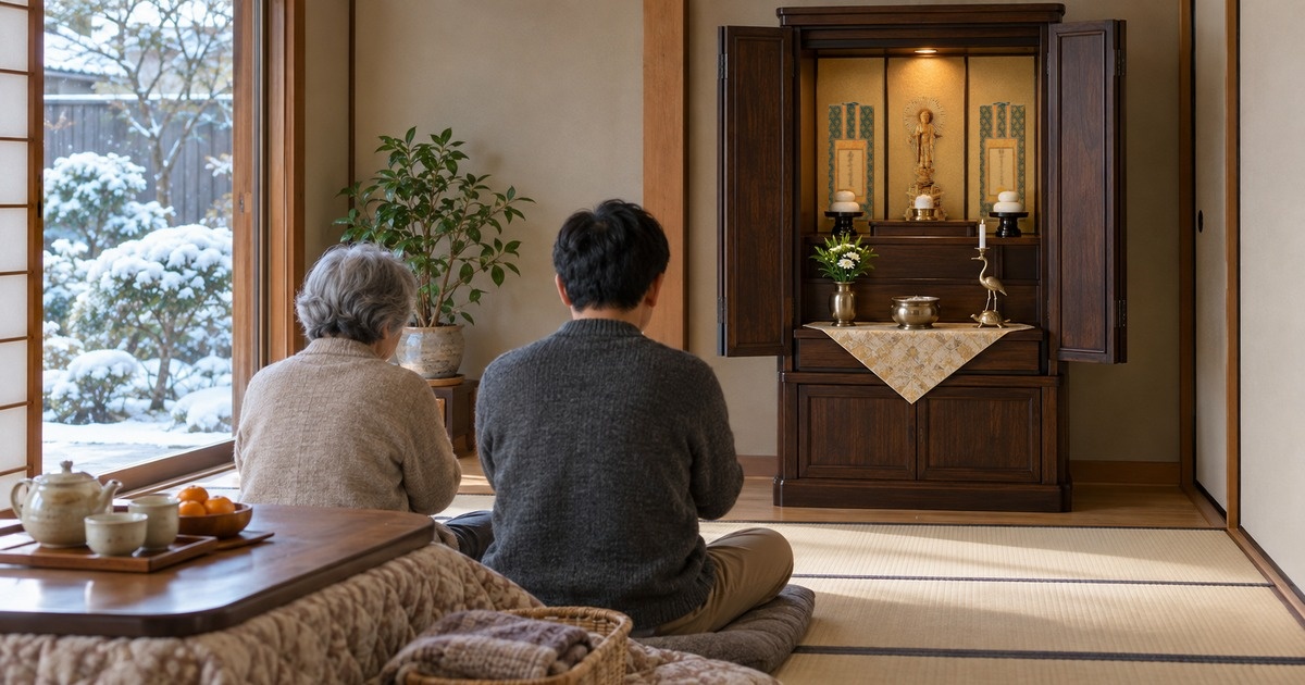 冬の朝の和室で、扉を開いて本尊と掛軸を祀った仏壇に、台に載せた小さな白い鏡餅が一対供えられ、その前で家族2人が並んでお参りしている後ろ姿の写真
